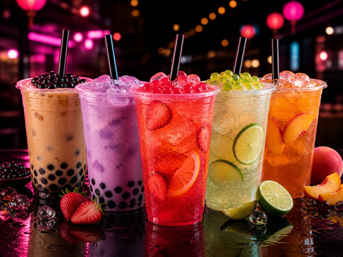 Illustration of boba tea and colorful fruit refreshers