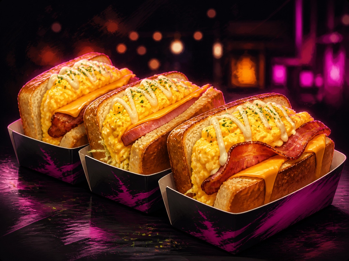 Illustration of Korean egg drop sandwiches with eggs, cheese, and bacon