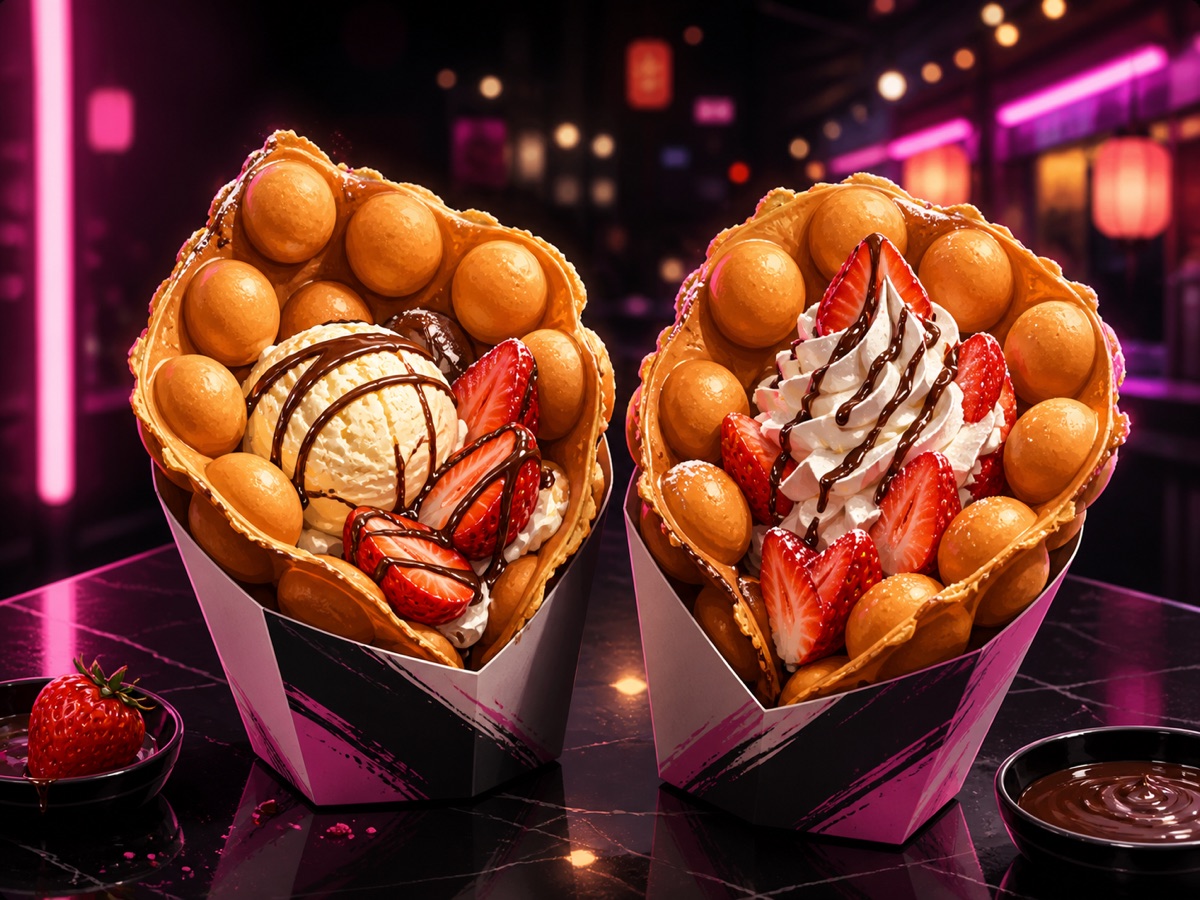 Illustration of Asian egg waffles with strawberries and dessert toppings