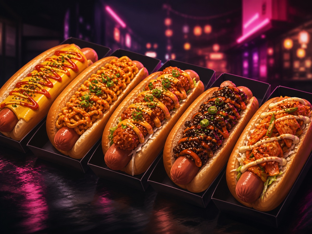 Illustration of Korean hot dogs in buns with spicy toppings and sauces